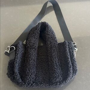 Black Faux sherpa purse with removable cross-body adjustable length strap